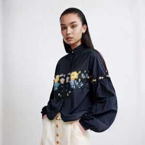 TINSEL cotton black crop button down shirt floral embroidered Sz M